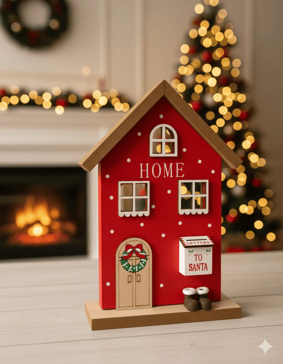 Casa de Natal decorativa vermelha de 19,7 cm com telhado nevado e janelas iluminadas