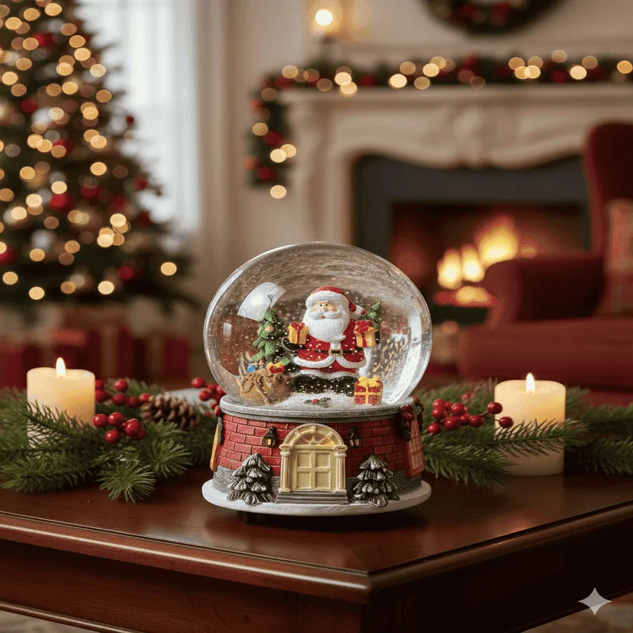 Globo de neve com Papai Noel dentro e base iluminada de casa de tijolos, sobre mesa de madeira com velas