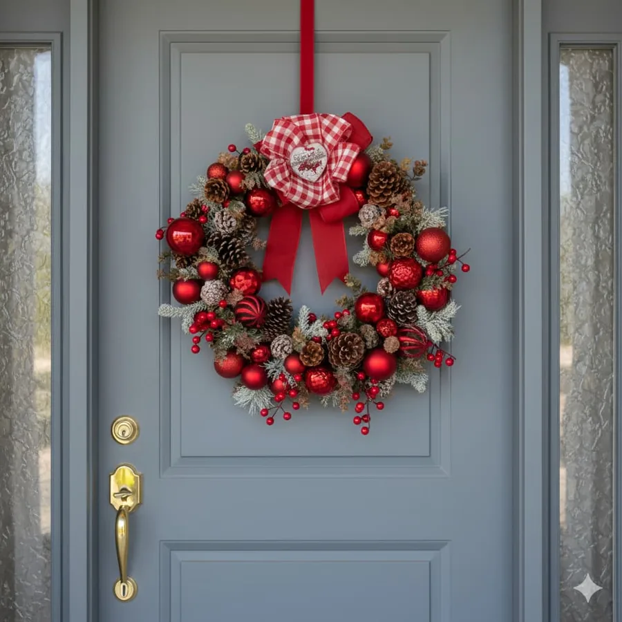 Guirlanda com pinhas, bolas vermelhas e laço xadrez vermelho e branco pendurada em porta azul acinzentada