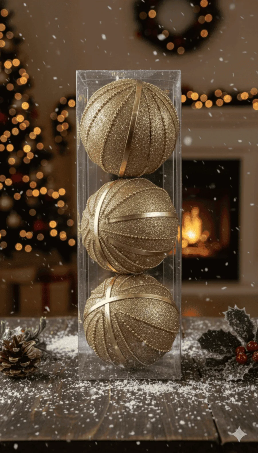 Bolas de Natal douradas de 10 cm cravejadas de pedrarias, lado a lado em primeiro plano