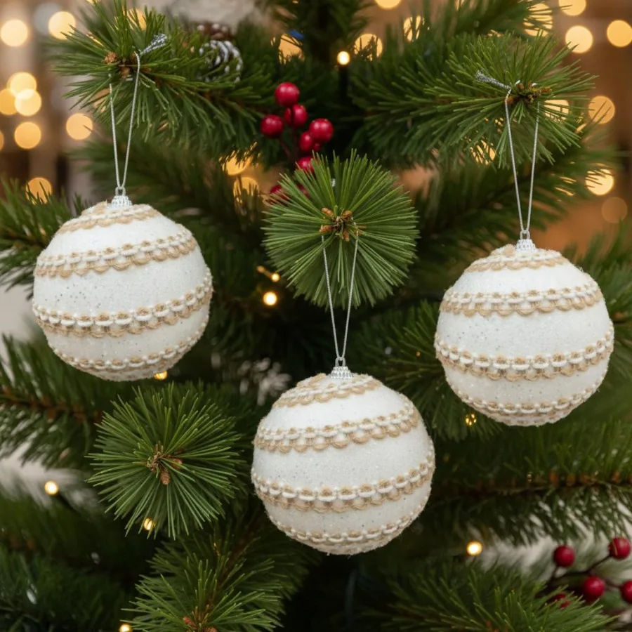 Três bolas de Natal brancas com faixas de renda bege penduradas em galhos de pinheiro