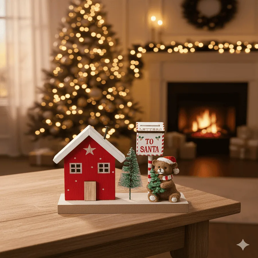 Miniatura de casa vermelha com estrela branca, caixa de correio, pinheirinho e urso sobre mesa de madeira