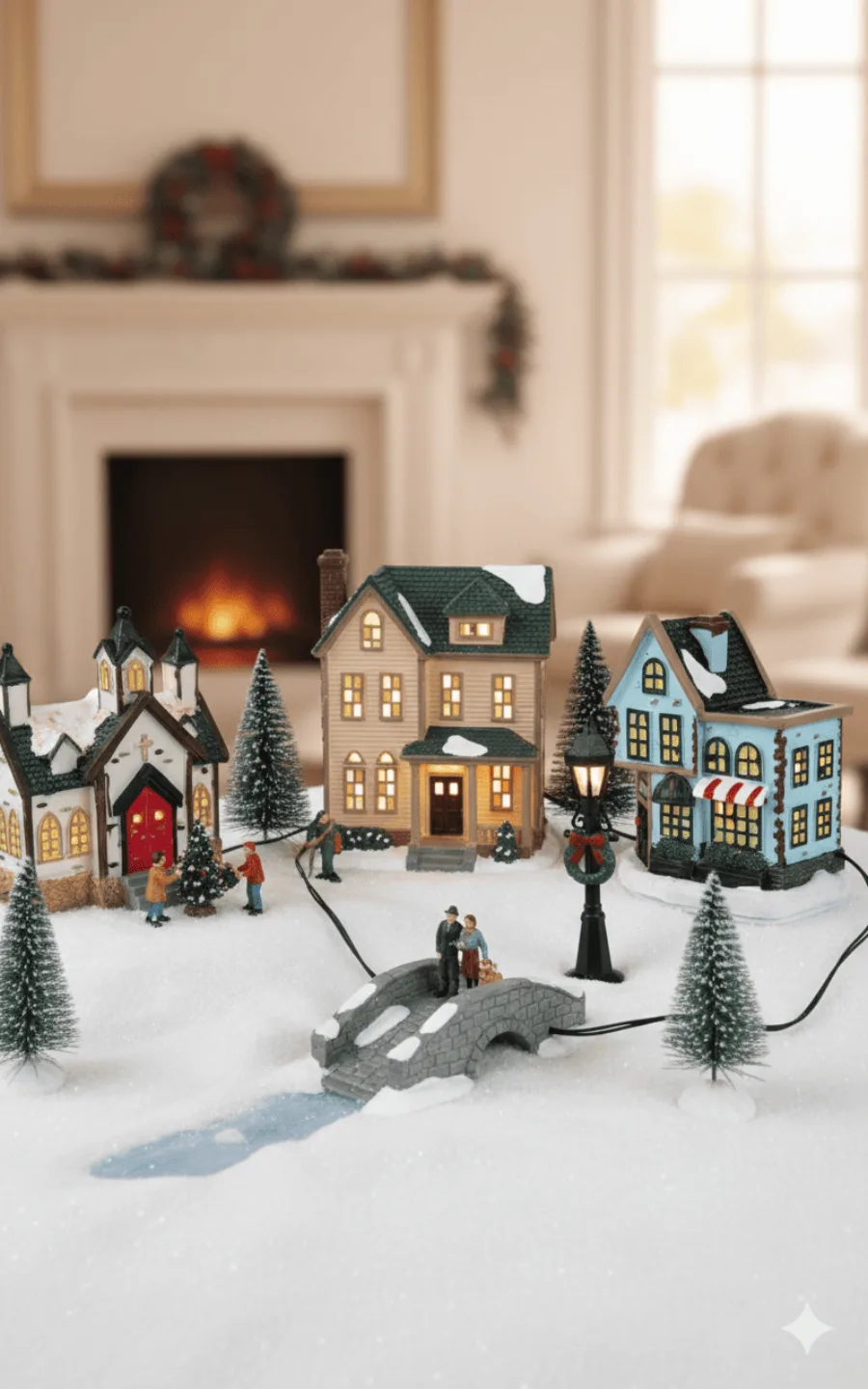 Vila de Natal em miniatura com casas iluminadas, igreja, ponte de pedra e pinheiros sobre neve