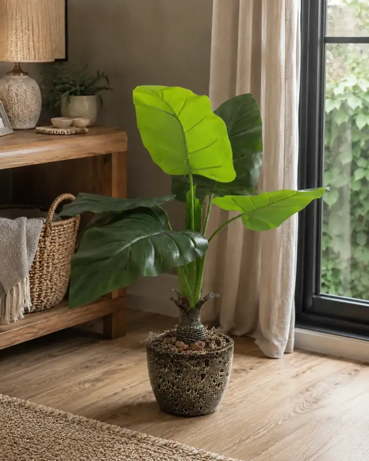 Planta permanente com folhagem tropical verde em vaso cerâmico texturizado