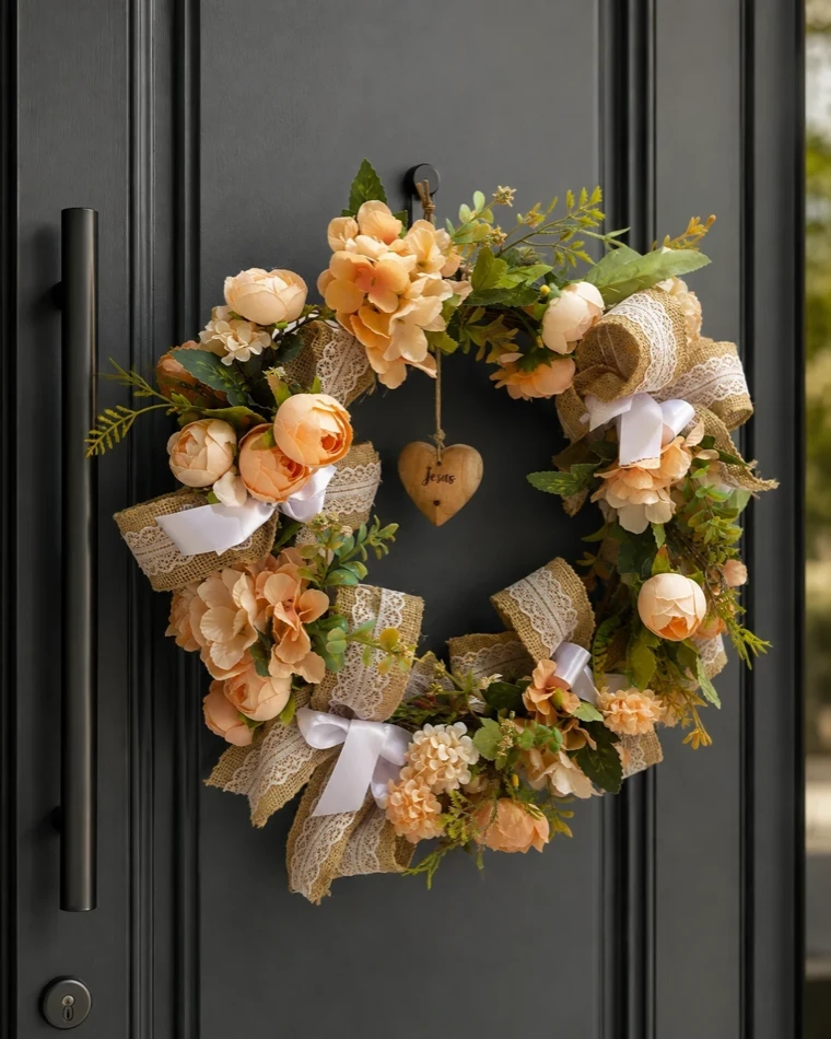 Guirlanda de porta com flores pêssego, juta e renda em porta preta