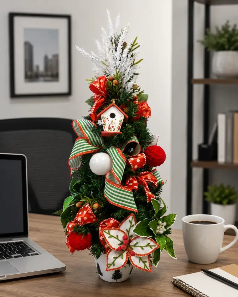 Mini árvore de Natal decorada com casinha de pássaro, laços, bolas e flores natalinas