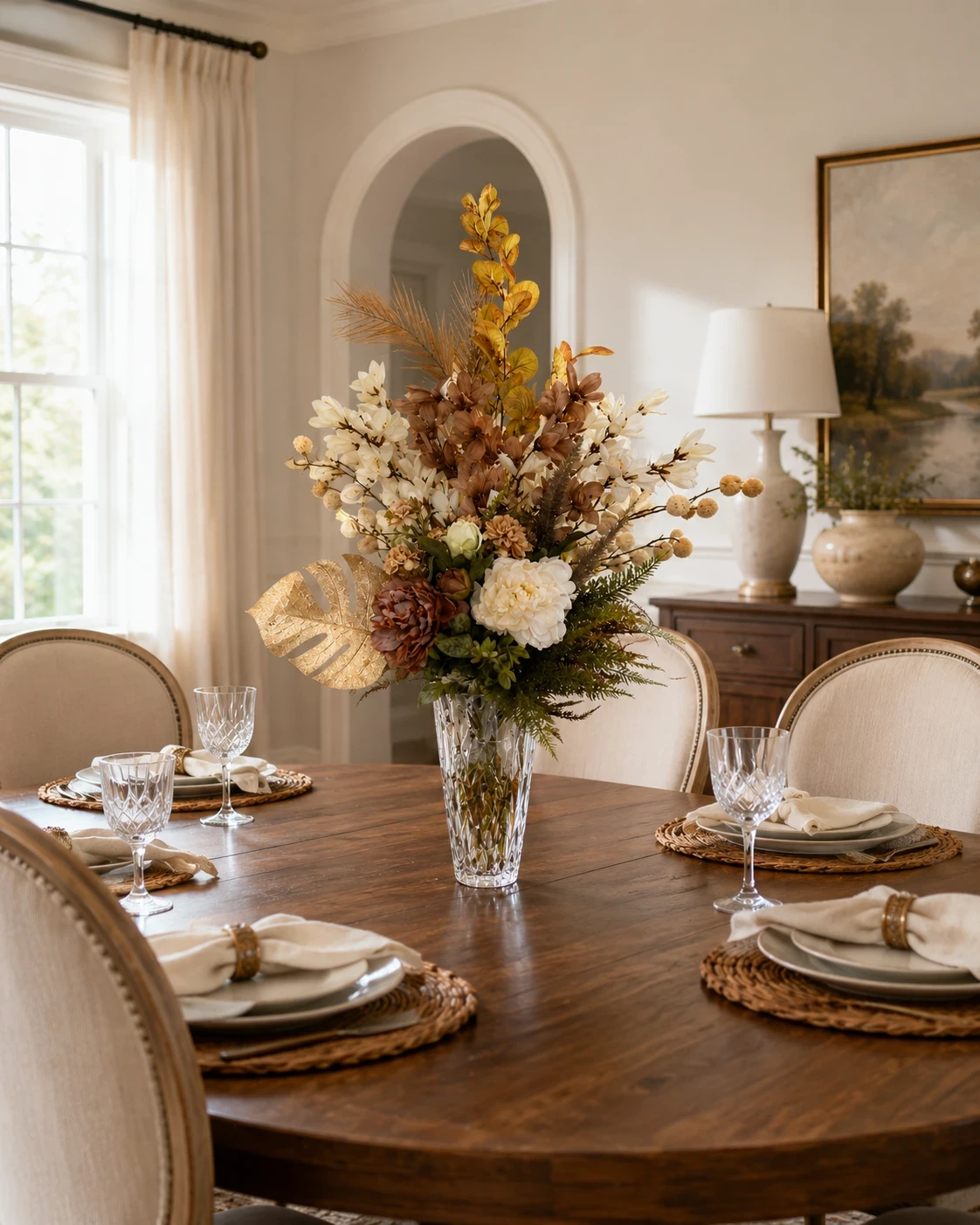 Arranjo Floral Elegante em Tons Terrosos e Creme com Vaso de Cristal 2