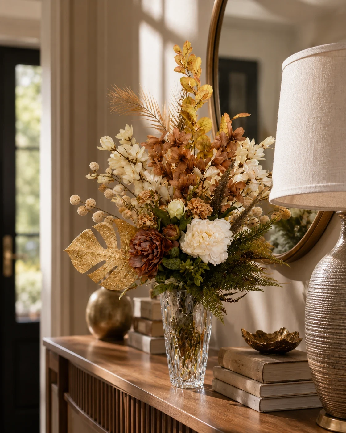 Arranjo Floral Elegante em Tons Terrosos e Creme com Vaso de Cristal 4