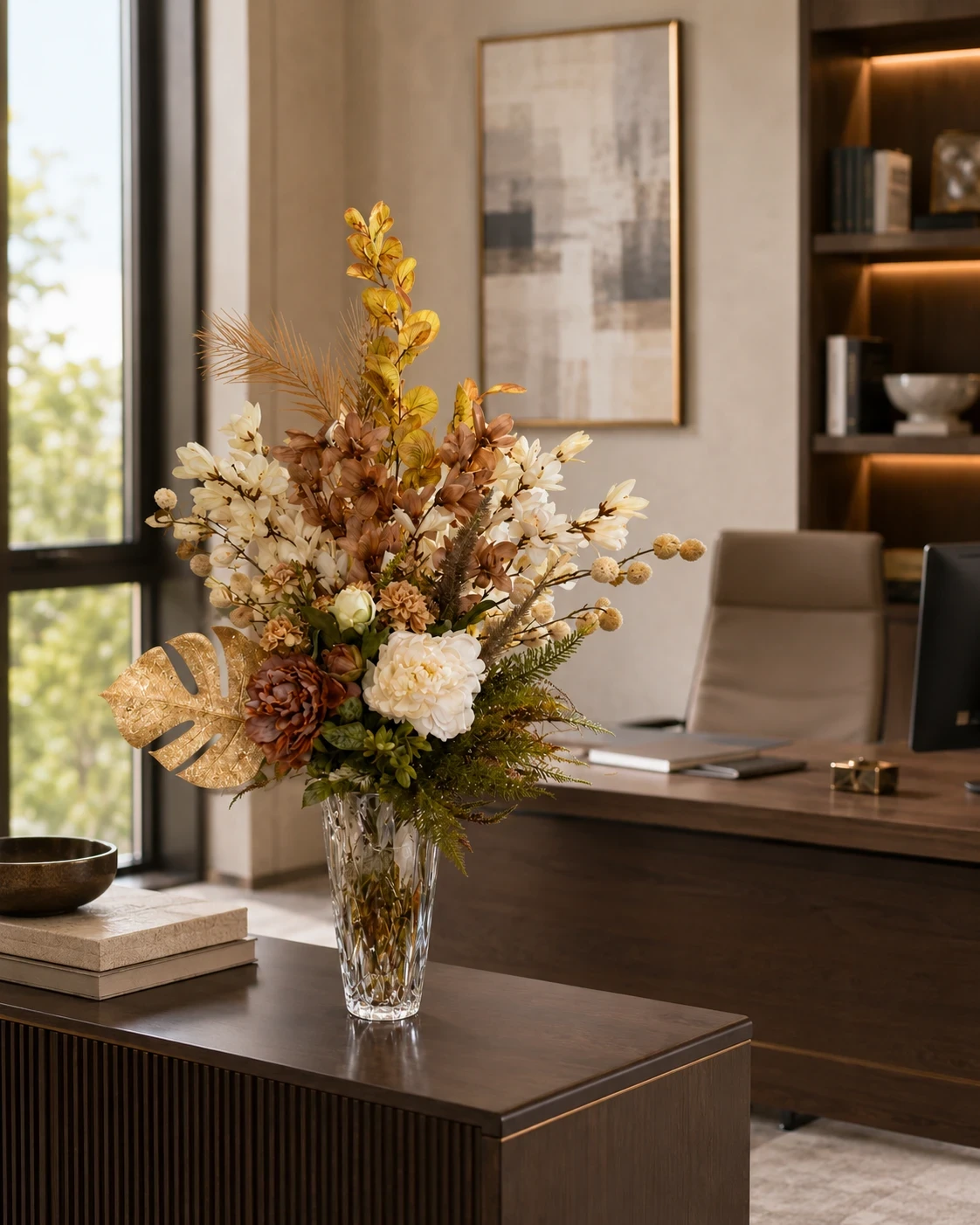Arranjo Floral Elegante em Tons Terrosos e Creme com Vaso de Cristal 5
