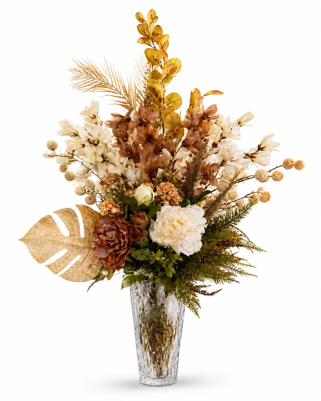 Arranjo Floral Elegante em Tons Terrosos e Creme com Vaso de Cristal 6