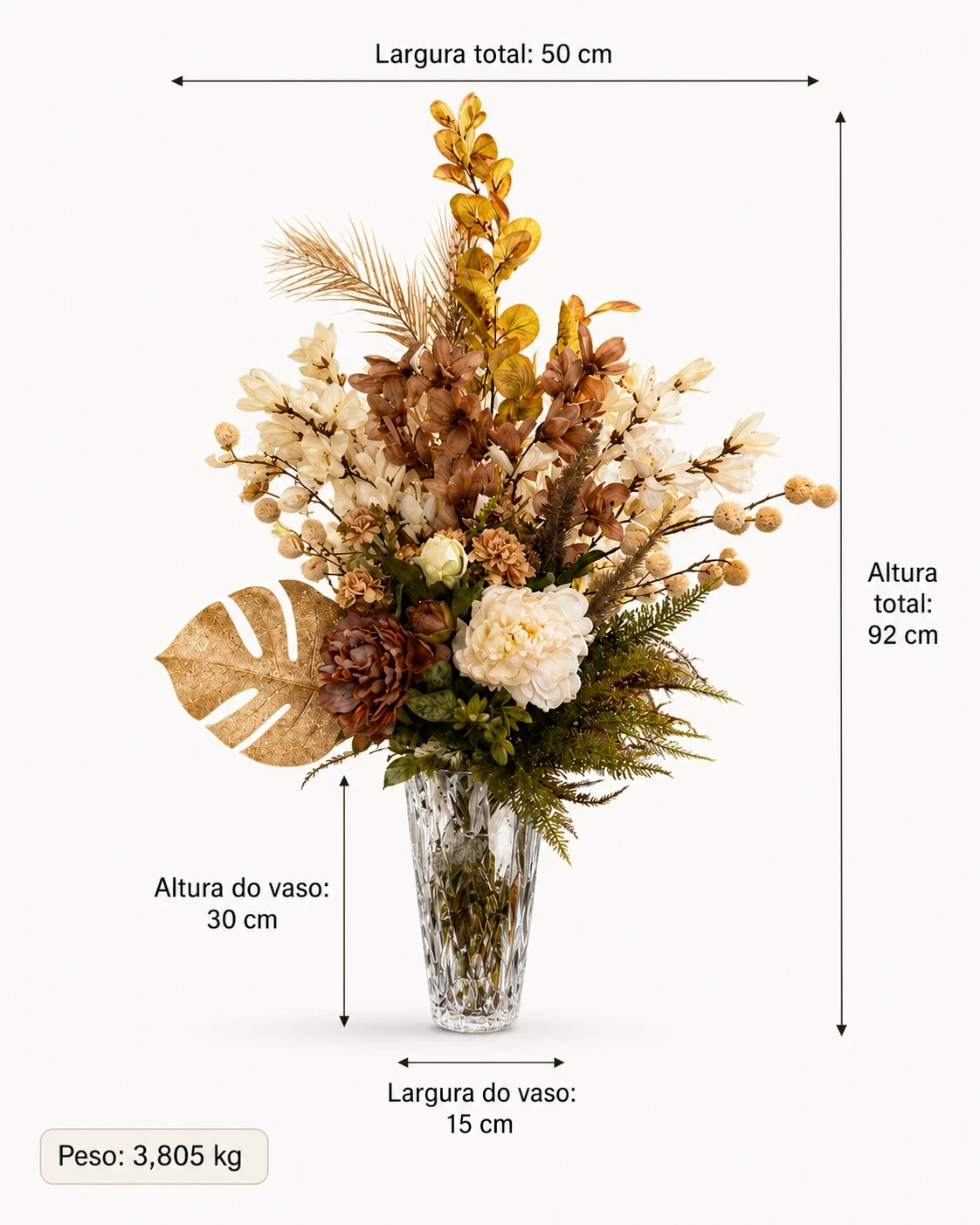 Arranjo Floral Elegante em Tons Terrosos e Creme com Vaso de Cristal 7