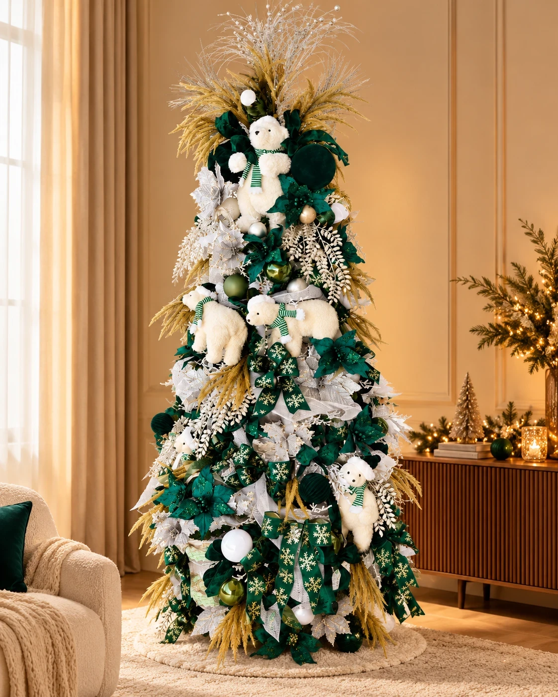 Árvore de Natal 2,30 m Verde Branco Dourado com Ursos 180° 2
