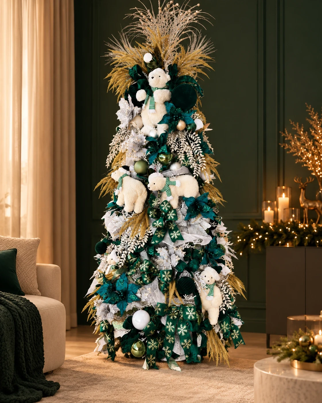 Árvore de Natal 2,30 m Verde Branco Dourado com Ursos 180° 3