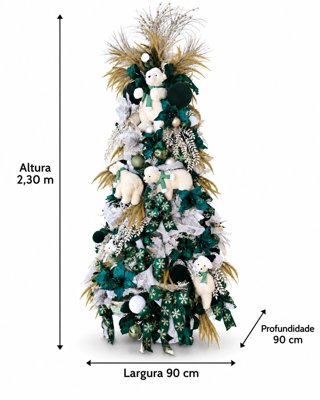 Árvore de Natal 2,30 m Verde Branco Dourado com Ursos 180° 6
