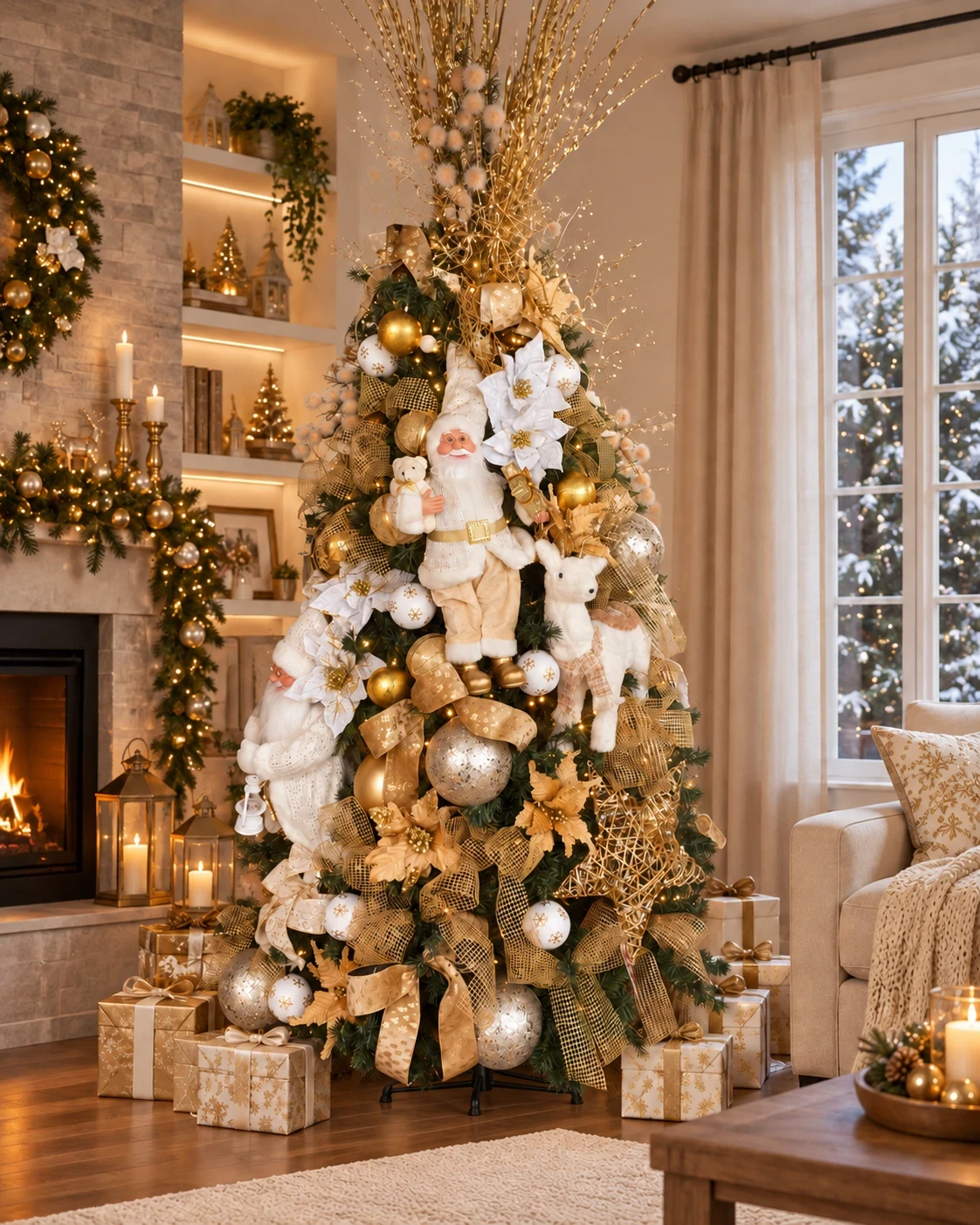 Árvore de Natal Decorada Luxo Dourada e Branca 2,35m 1