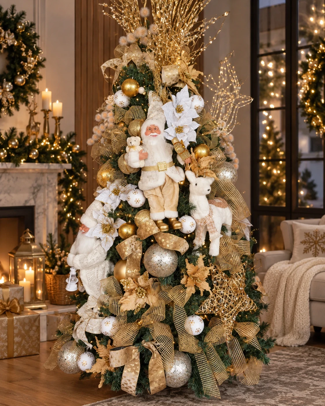Árvore de Natal Decorada Luxo Dourada e Branca 2,35m 3