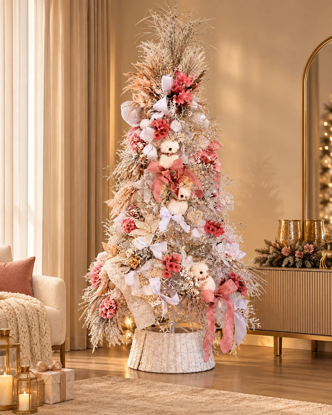 Árvore Decorada 2,30m Rosé e Branco com Corujas 180° 1