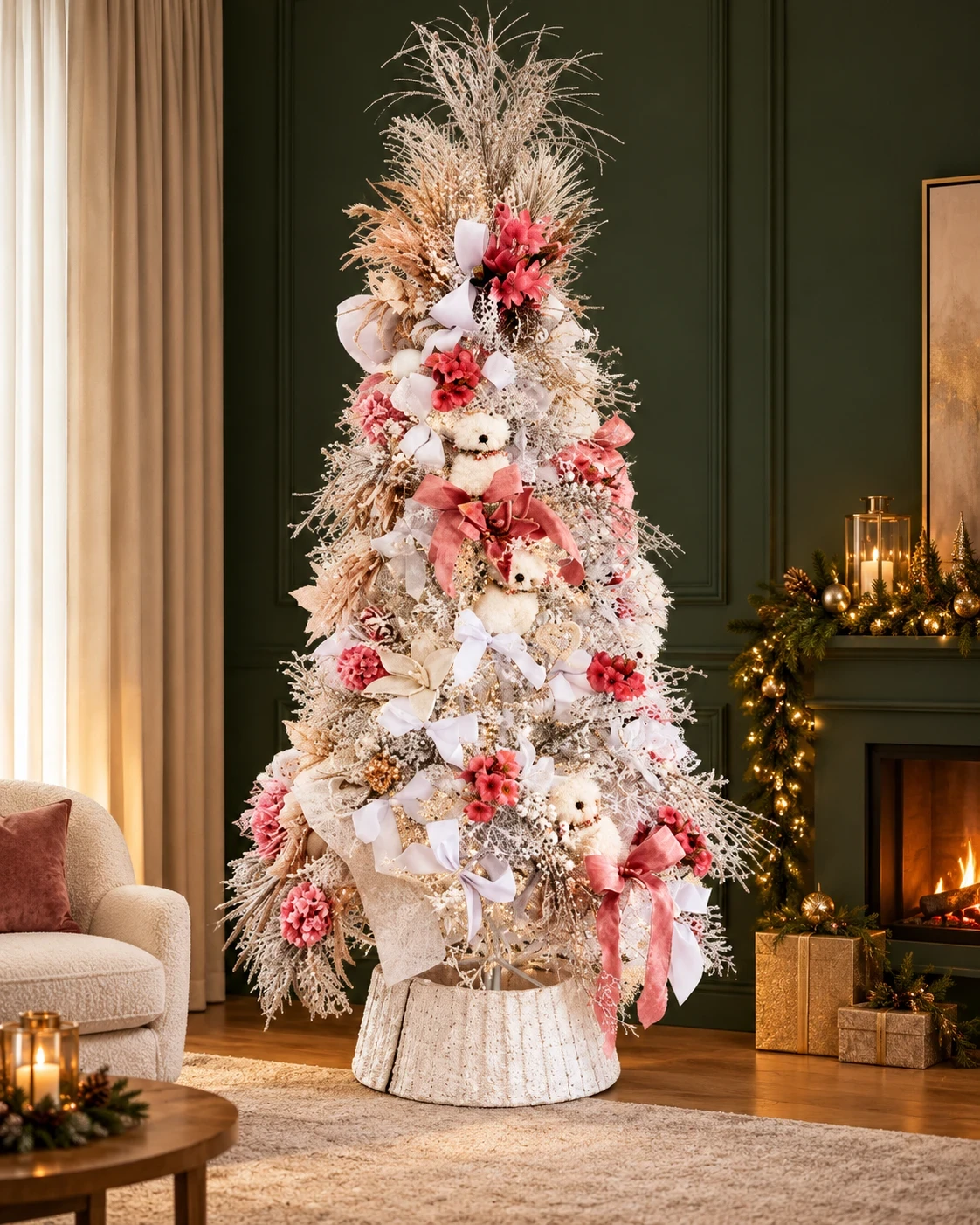 Árvore Decorada 2,30m Rosé e Branco com Corujas 180° 2