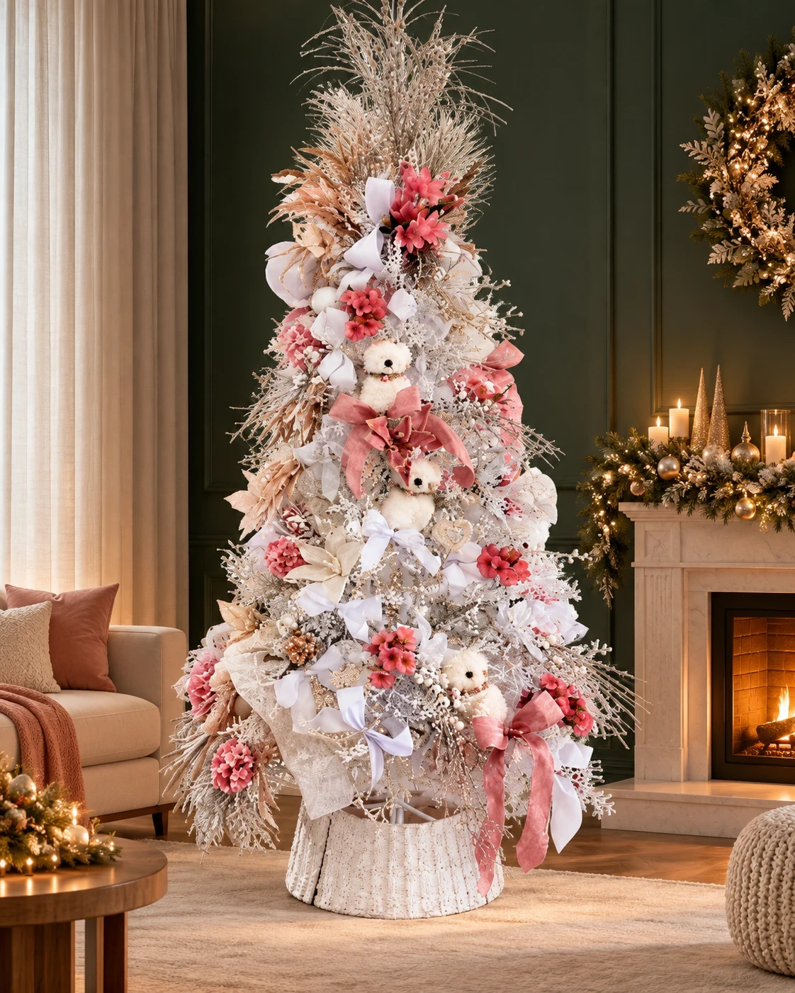 Árvore Decorada 2,30m Rosé e Branco com Corujas 180° 3