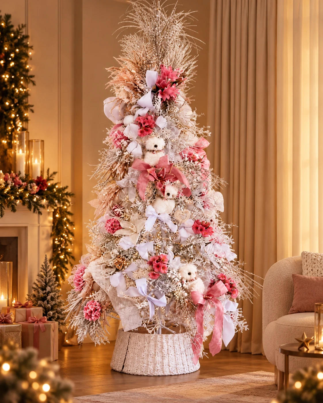 Árvore Decorada 2,30m Rosé e Branco com Corujas 180° 4