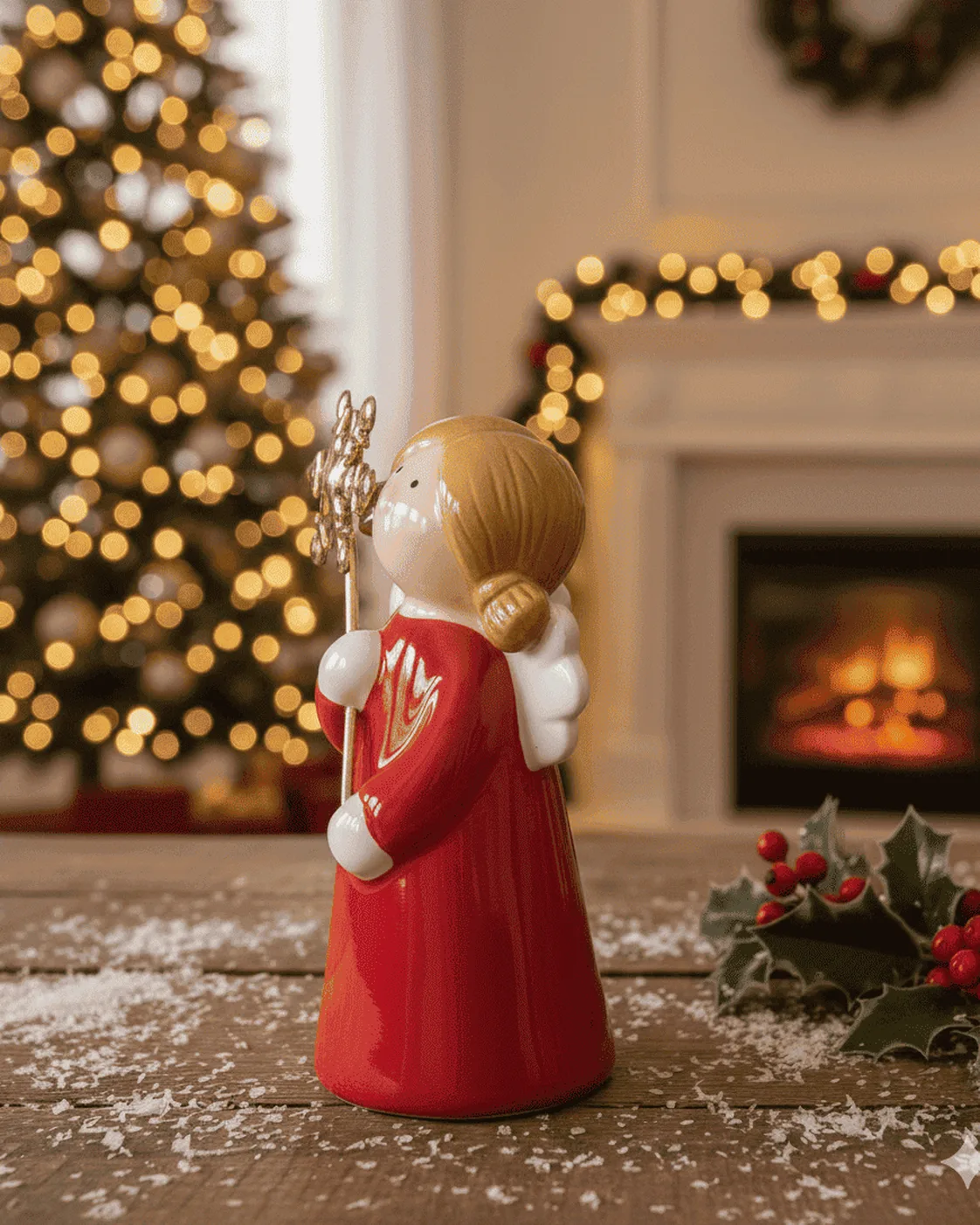 Enfeite Decorativo de Mesa Anjo em Cerâmica Vermelha com Floco de Neve Dourado 11cm 2