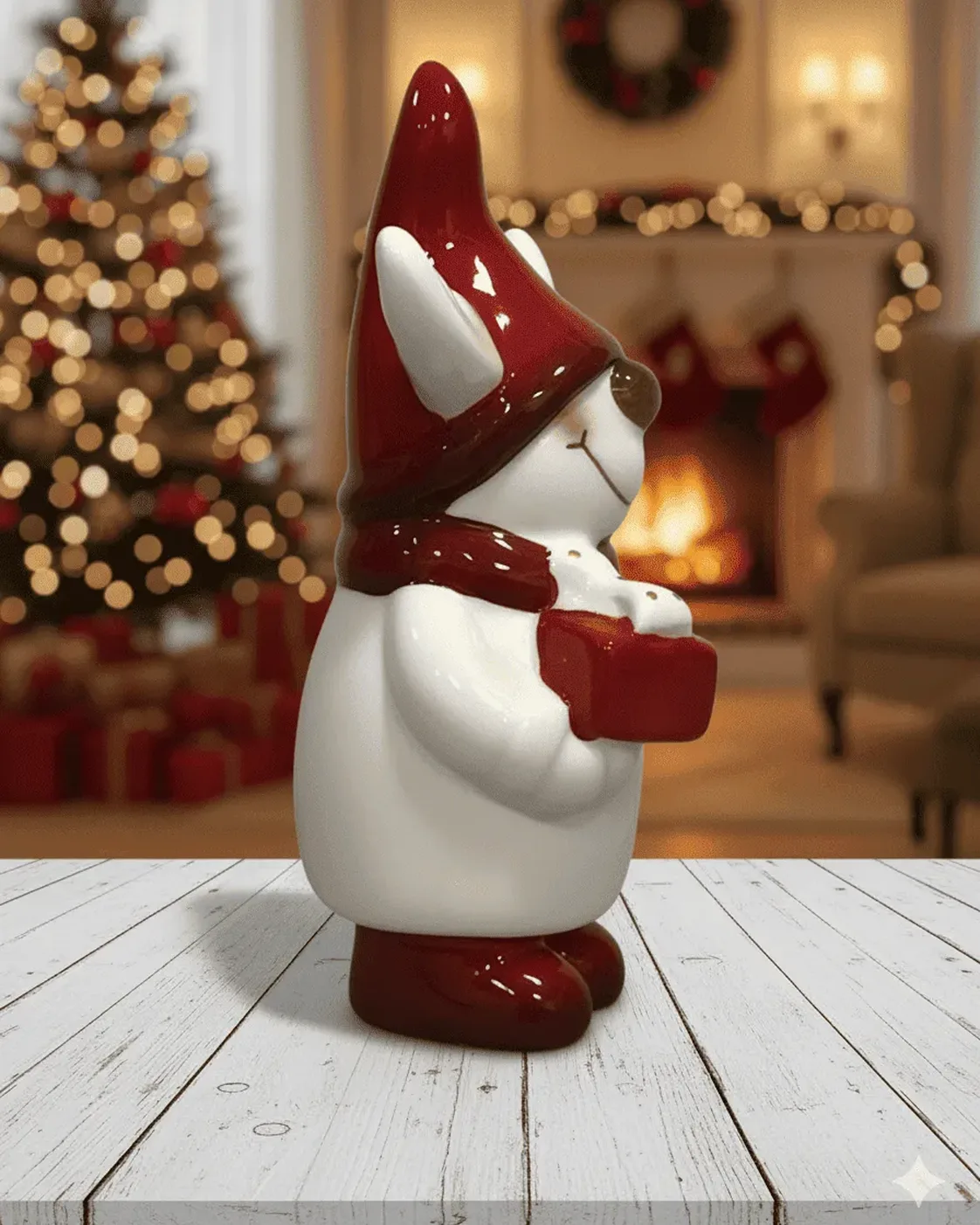 Enfeite Decorativo Rena Gnomo Cerâmica Vermelho e Branco 14cm 2