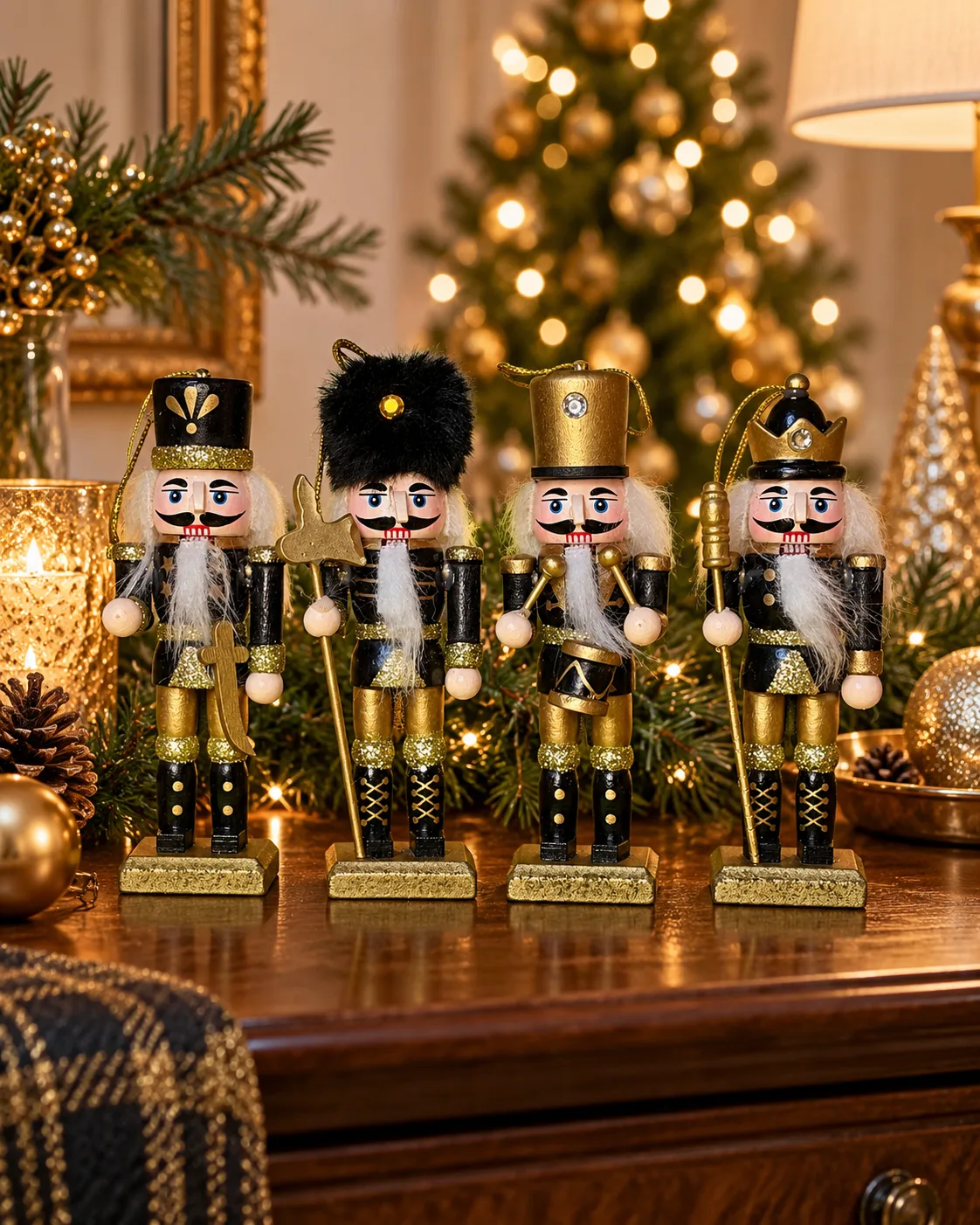 Kit 4 Soldados Quebra-Nozes - Madeira Preto e Dourado com Glitter - 12cm Casa Feliz