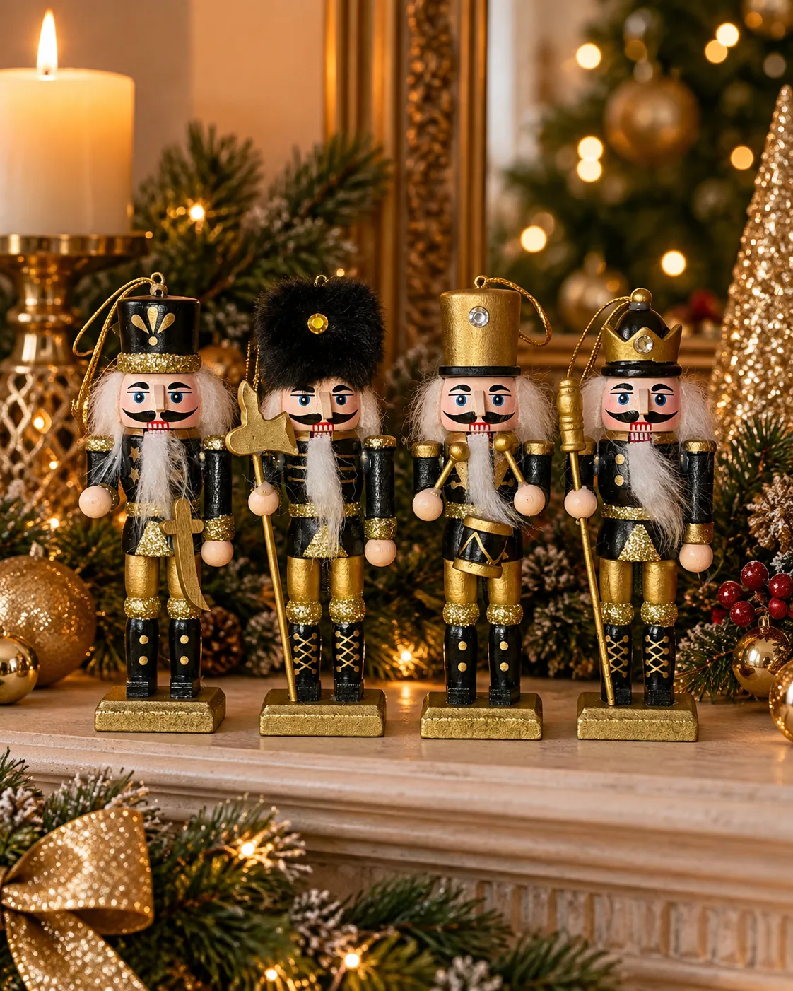 Kit 4 Soldados Quebra-Nozes - Madeira Preto e Dourado com Glitter - 12cm Casa Feliz 2