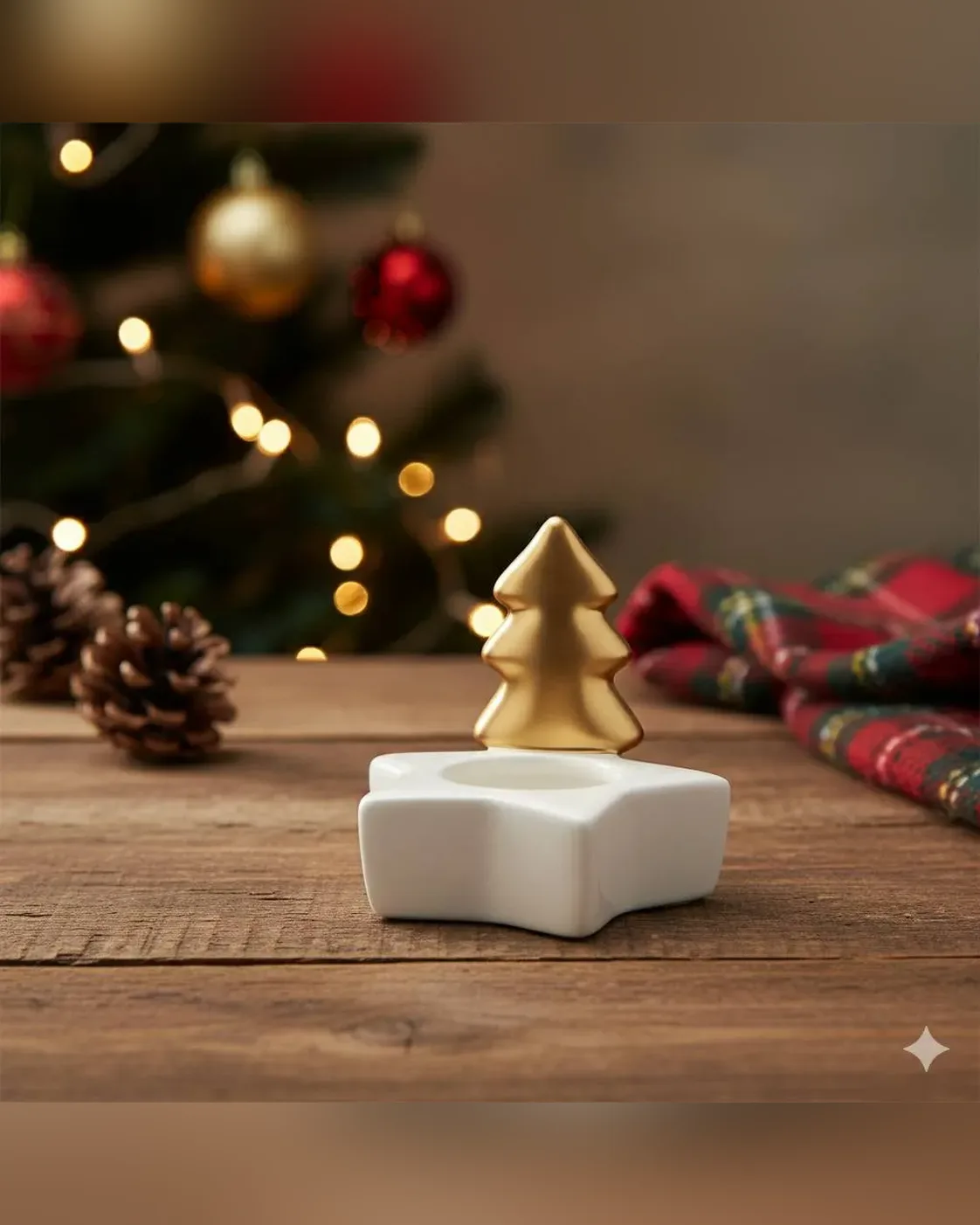 Porta-Vela em Cerâmica Estrela Branca com Pinheiro Dourado 9cm 5