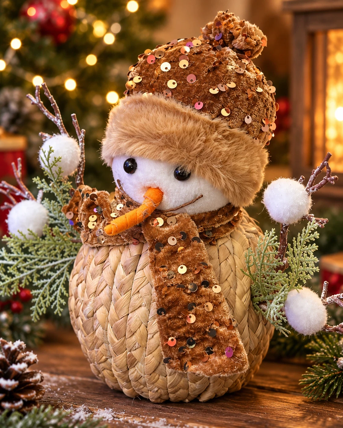 Boneco de Neve Natalino Trançado 25 cm Marrom e Branco