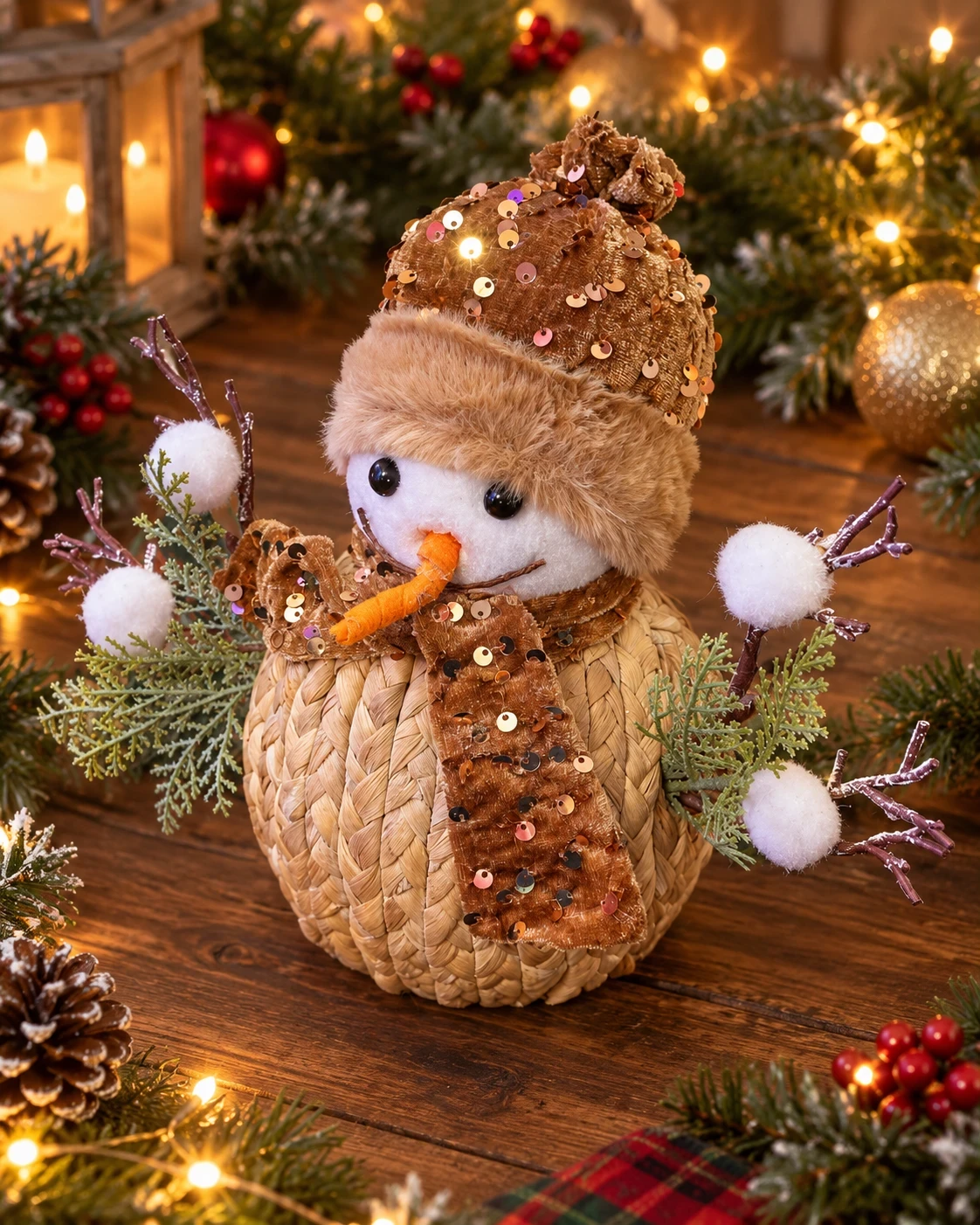 Boneco de Neve Natalino Trançado 25 cm Marrom e Branco 2