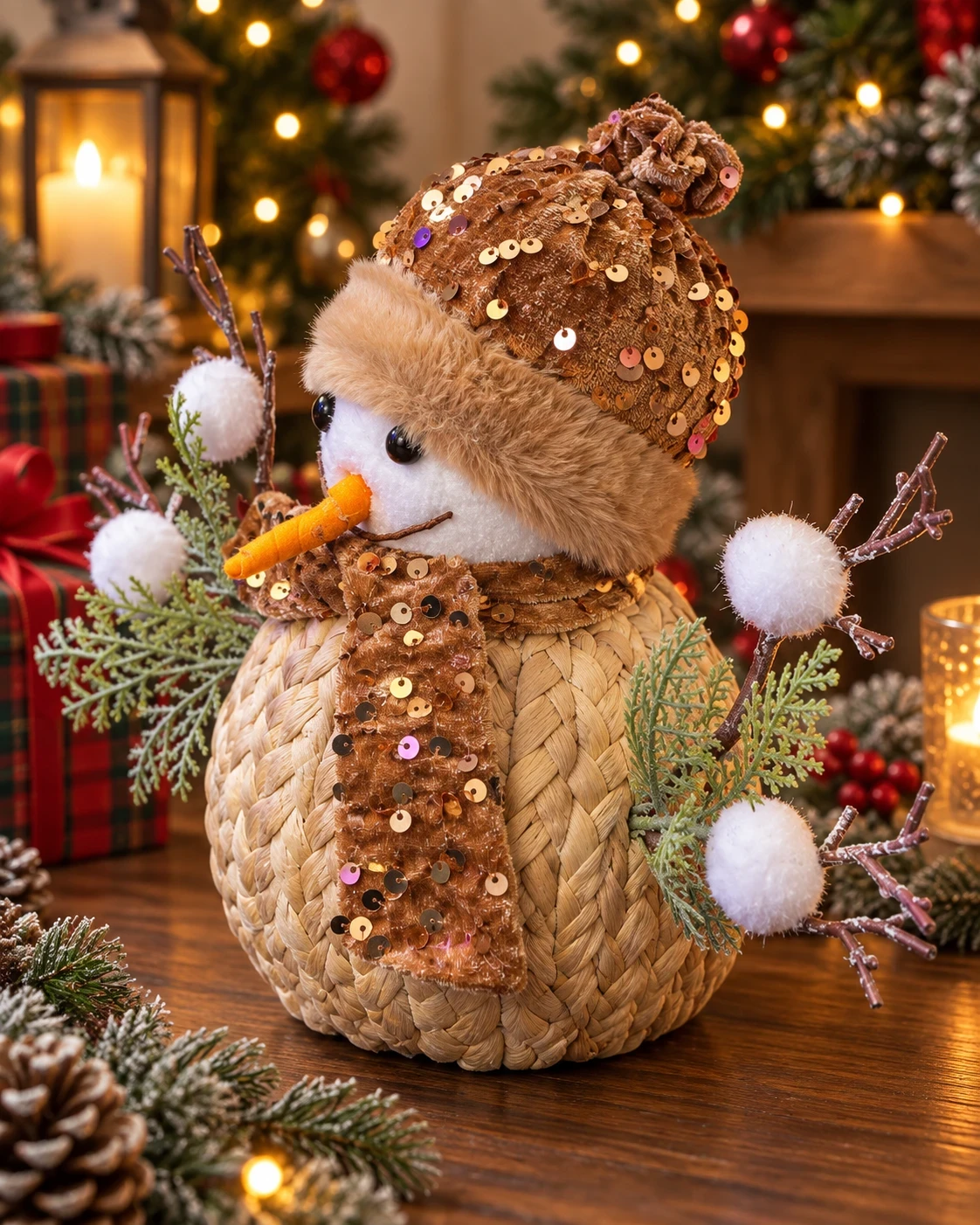 Boneco de Neve Natalino Trançado 25 cm Marrom e Branco 3