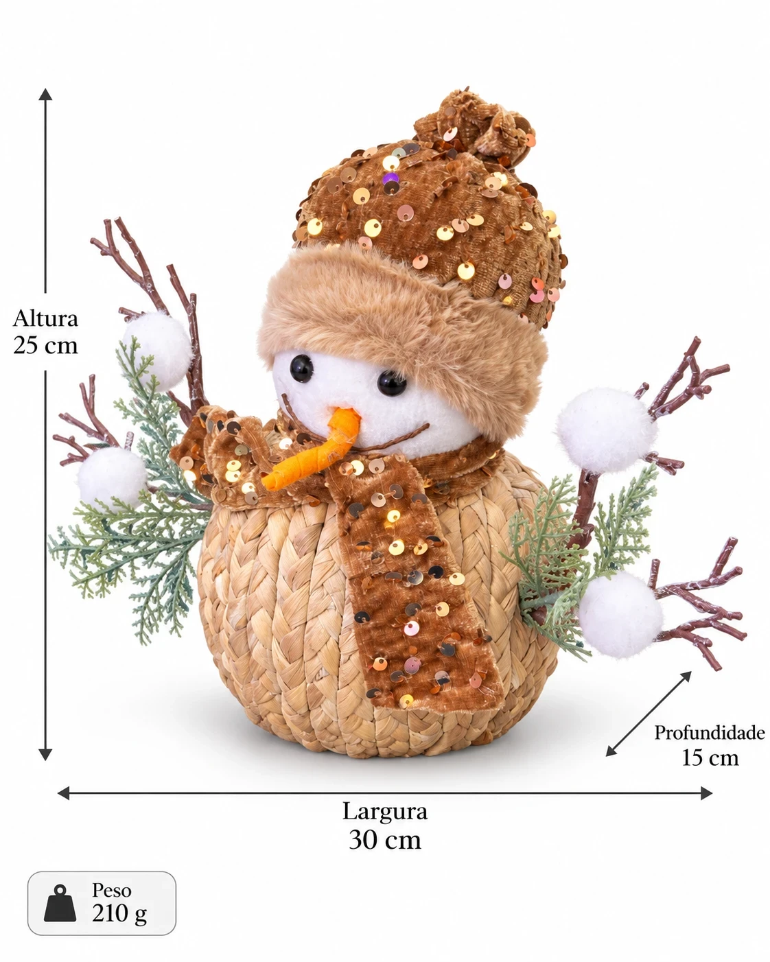 Boneco de Neve Natalino Trançado 25 cm Marrom e Branco 5