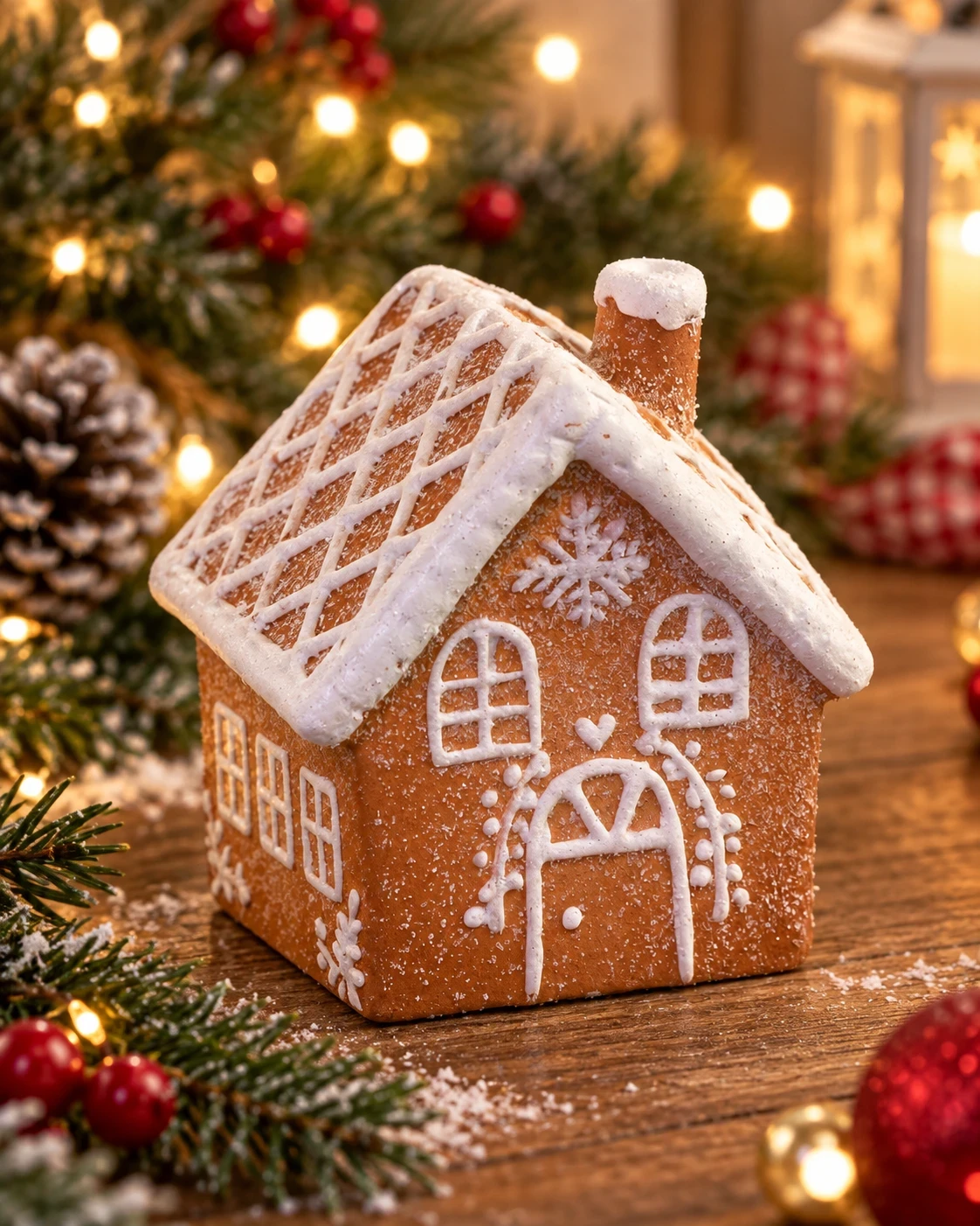 Casinha de Natal Gingerbread Marrom e Branca 15 cm