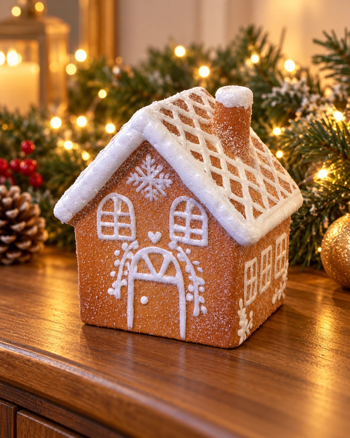 Casinha de Natal Gingerbread Marrom e Branca 15 cm 2