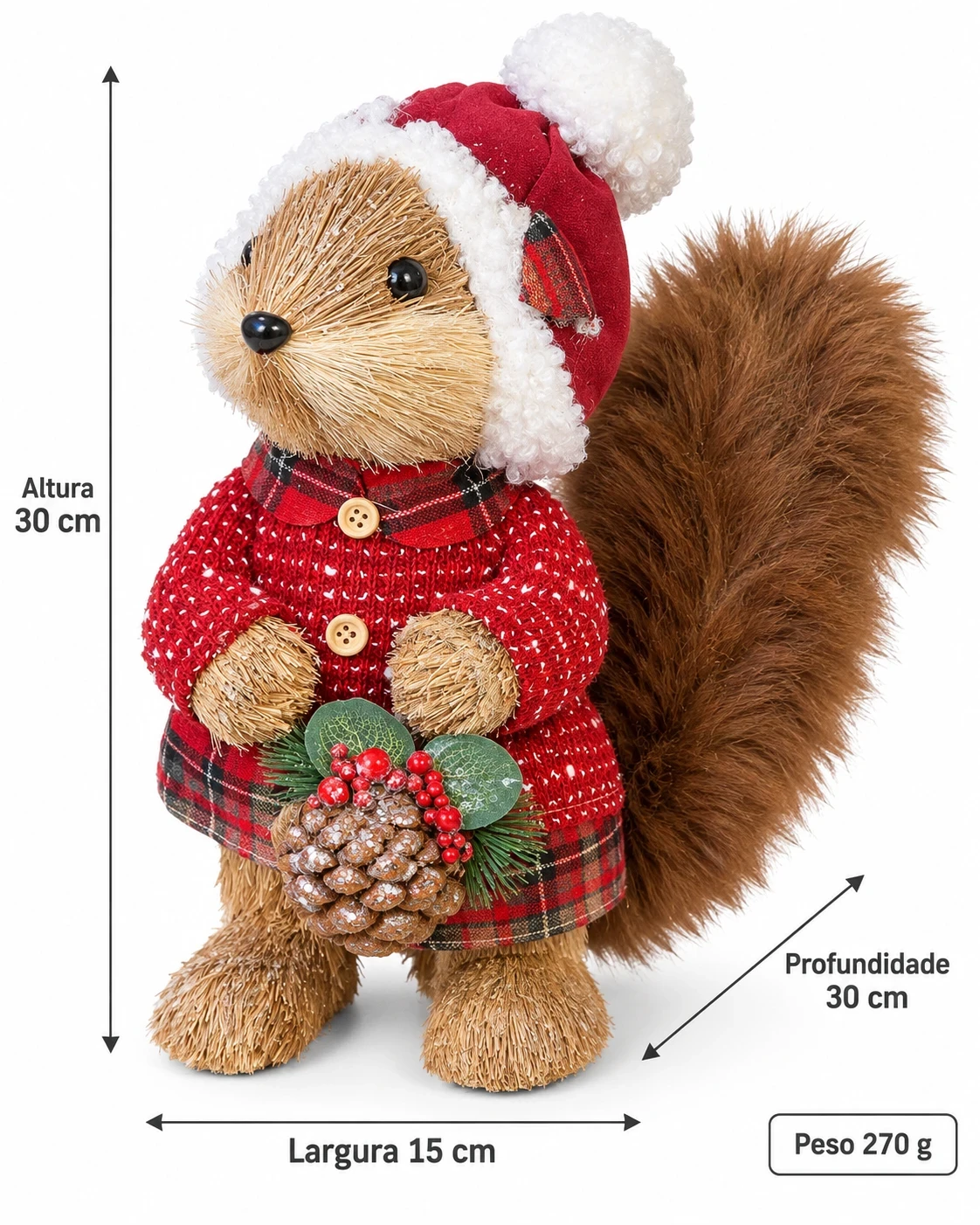 Esquilo Natalino Bosque Xadrez com Pinha 30 cm 6