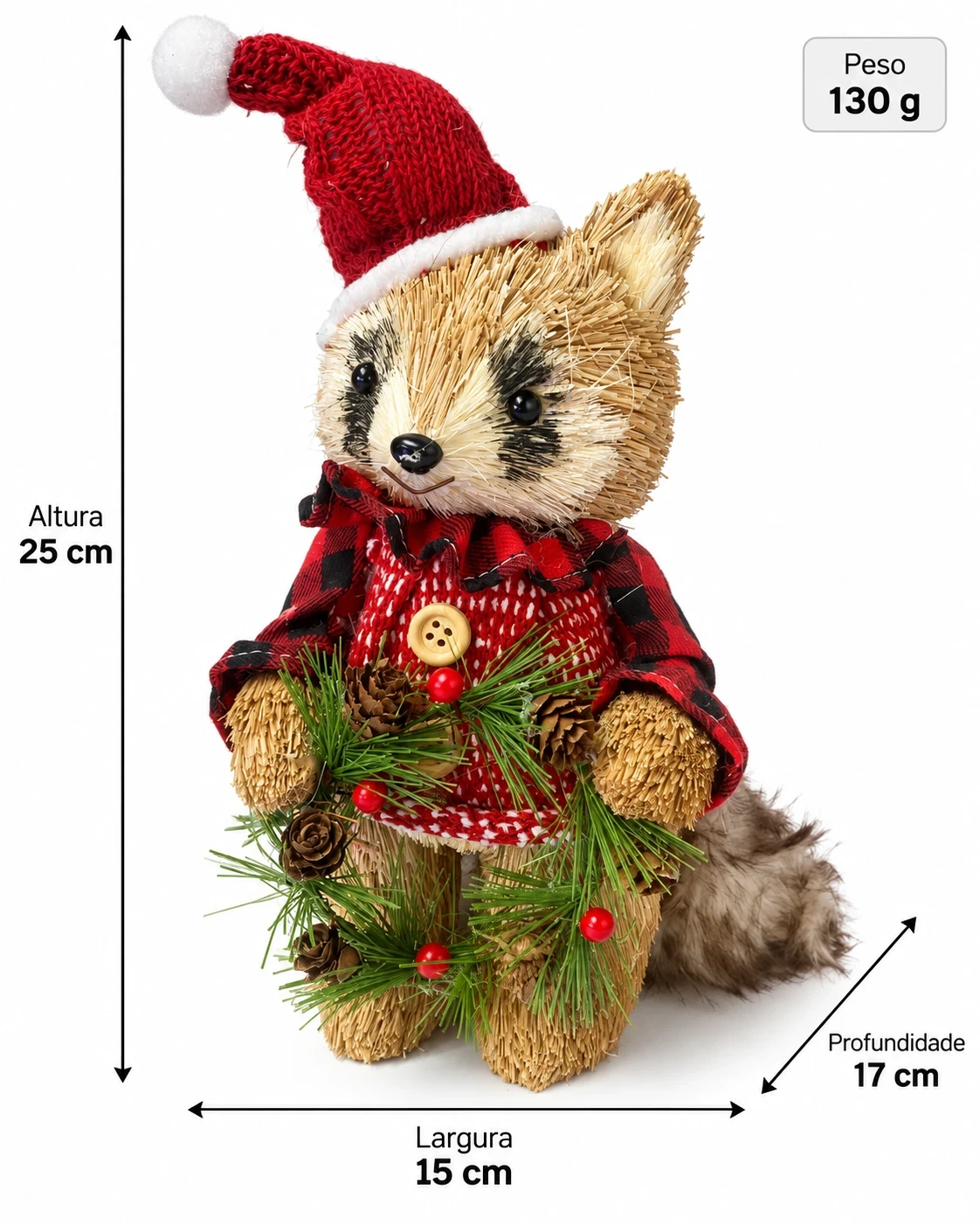 Guaxinim Natalino Bosque Xadrez com Guirlanda 25 cm 6