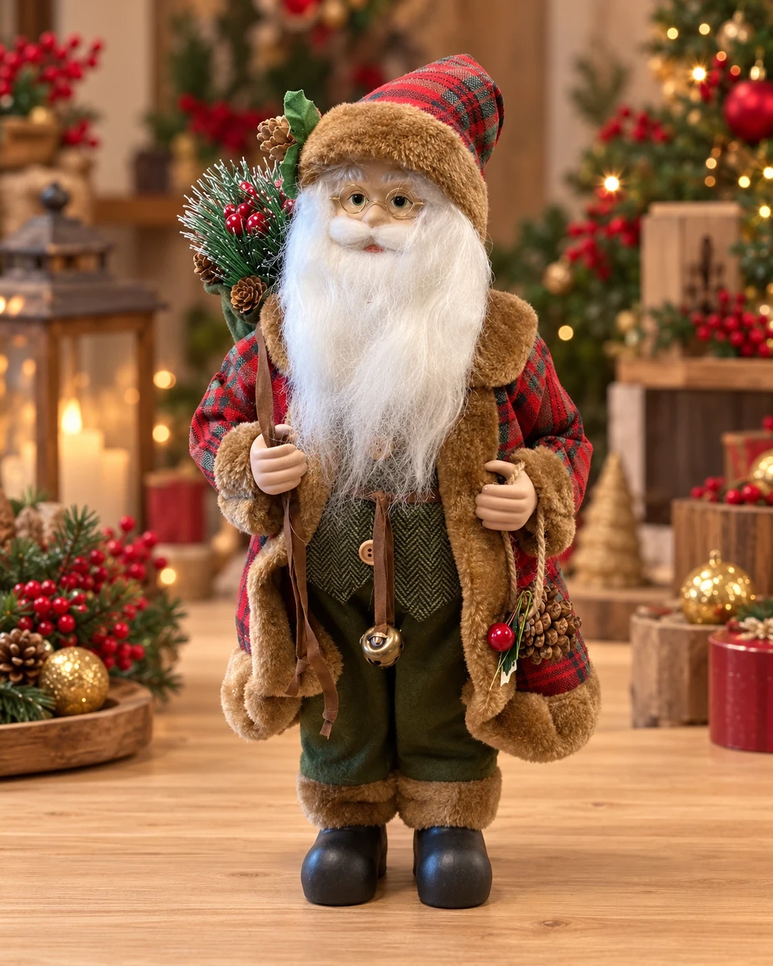 Papai Noel Bosque de Natal Xadrez com Pinhas 45 cm
