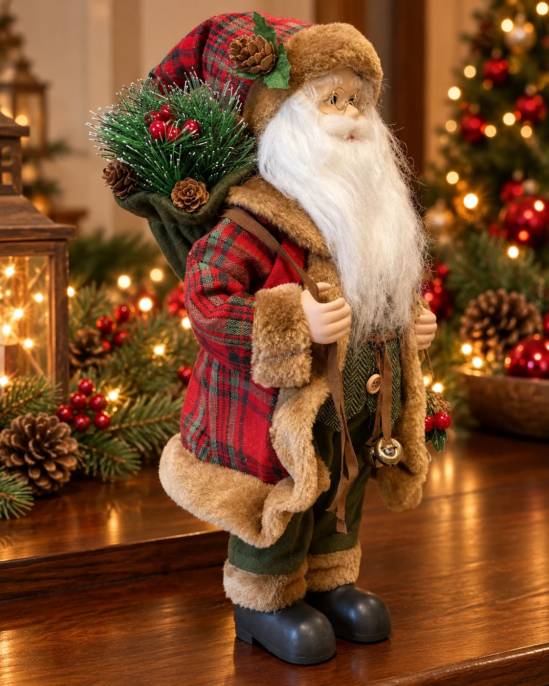 Papai Noel Bosque de Natal Xadrez com Pinhas 45 cm 2