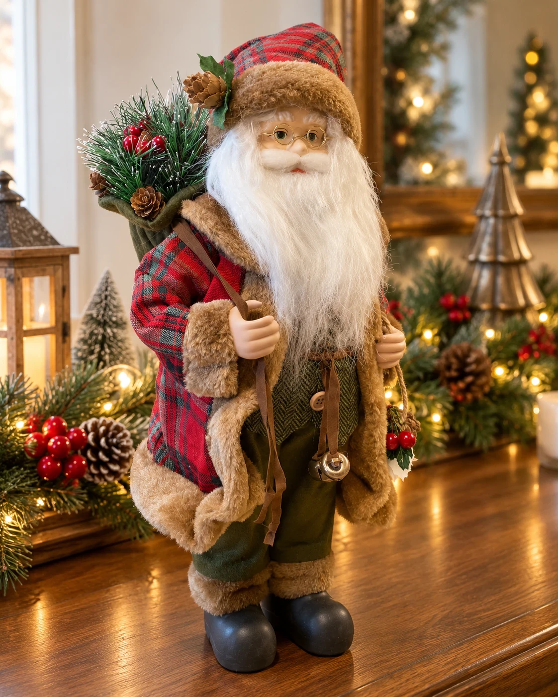 Papai Noel Bosque de Natal Xadrez com Pinhas 45 cm 4