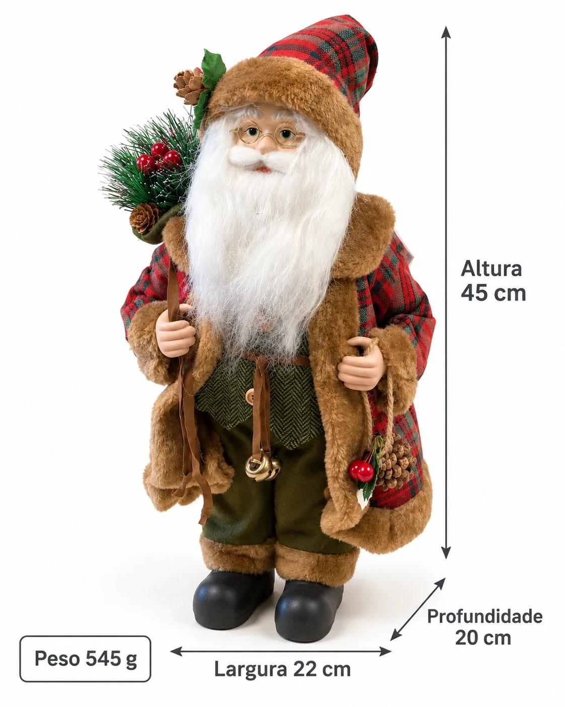 Papai Noel Bosque de Natal Xadrez com Pinhas 45 cm 6
