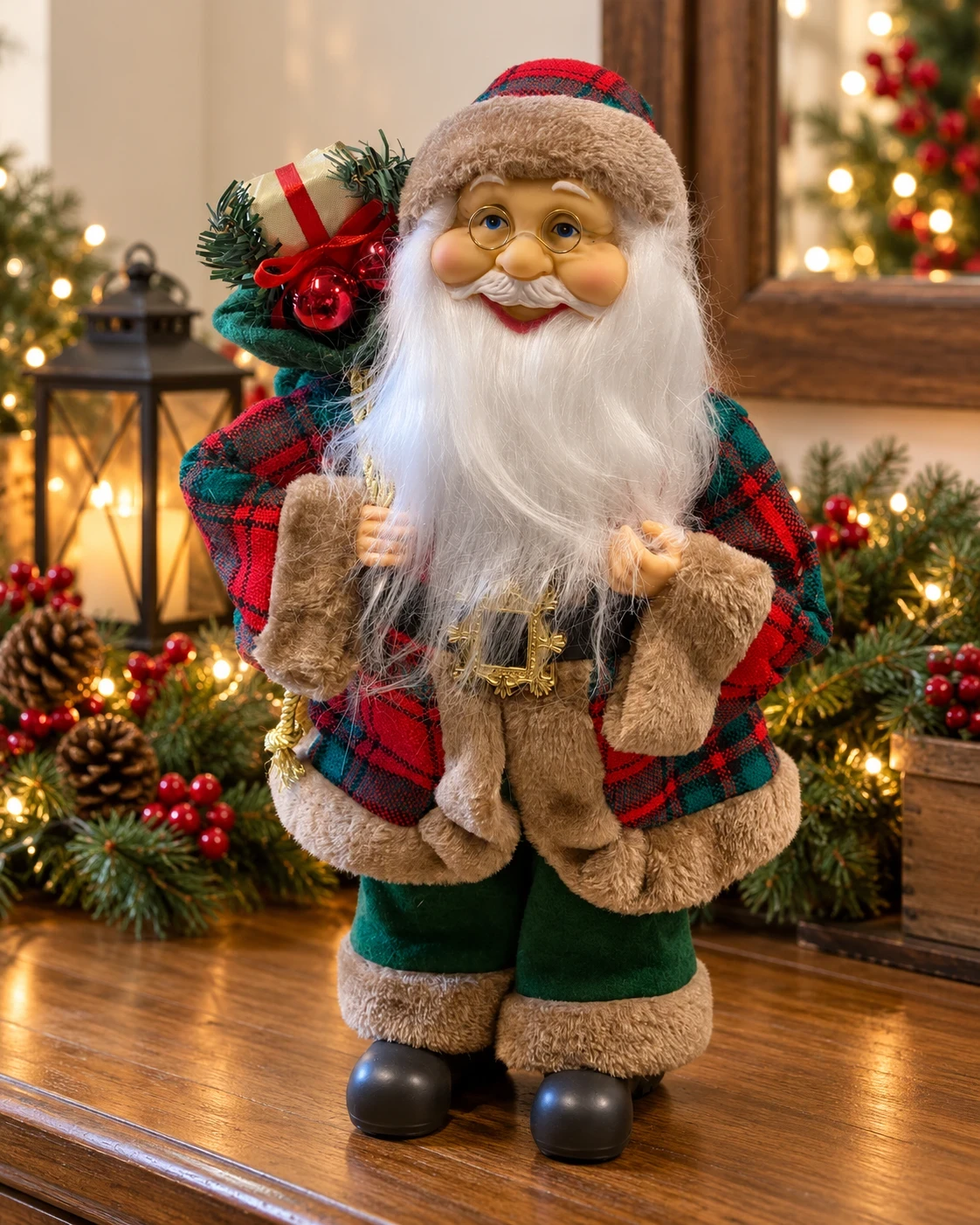 Papai Noel Bosque Escocês Xadrez com Presentes 40 cm 1