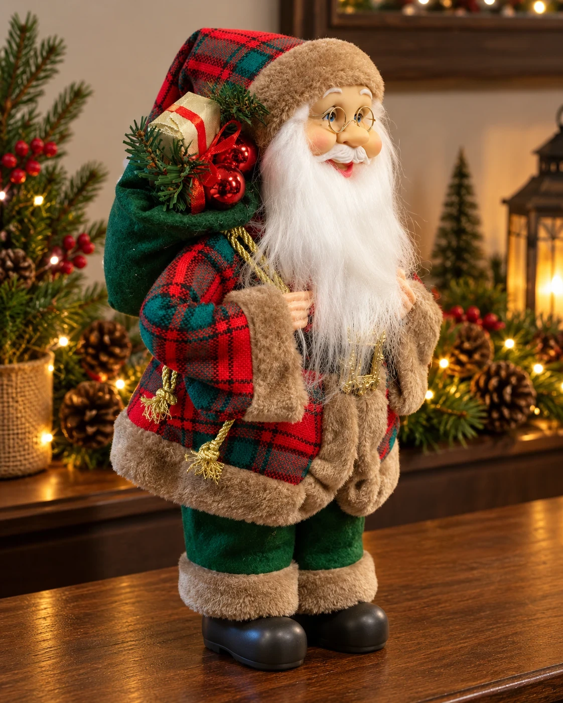 Papai Noel Bosque Escocês Xadrez com Presentes 40 cm 2