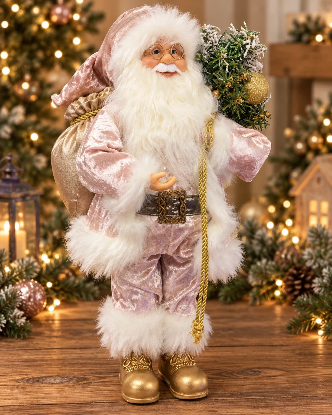 Papai Noel Jardim Rosé com Pinheiro Nevado 45 cm