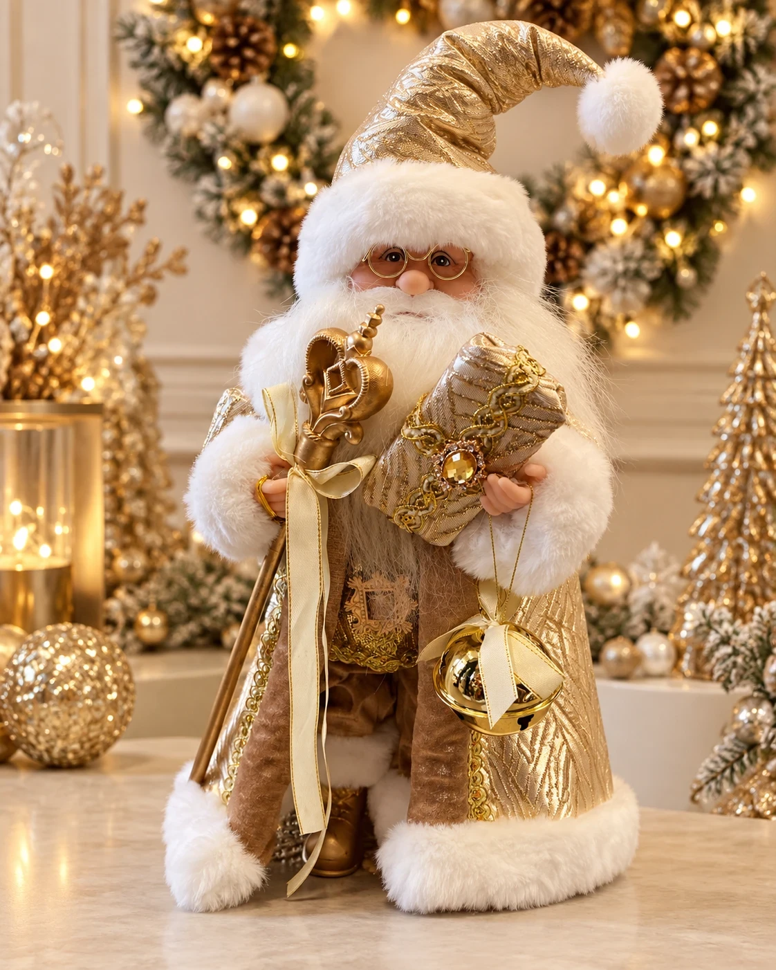 Papai Noel Natalino Branco e Dourado com Presente 45 cm 1