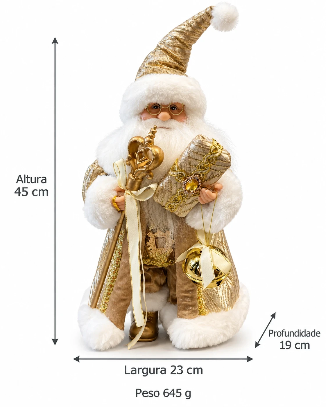Papai Noel Natalino Branco e Dourado com Presente 45 cm 6