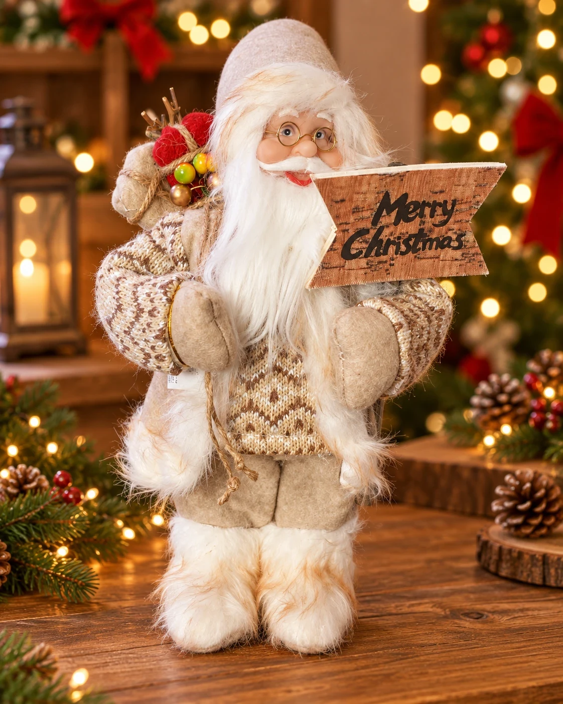 Papai Noel Natalino com Placa Merry Christmas 30 cm