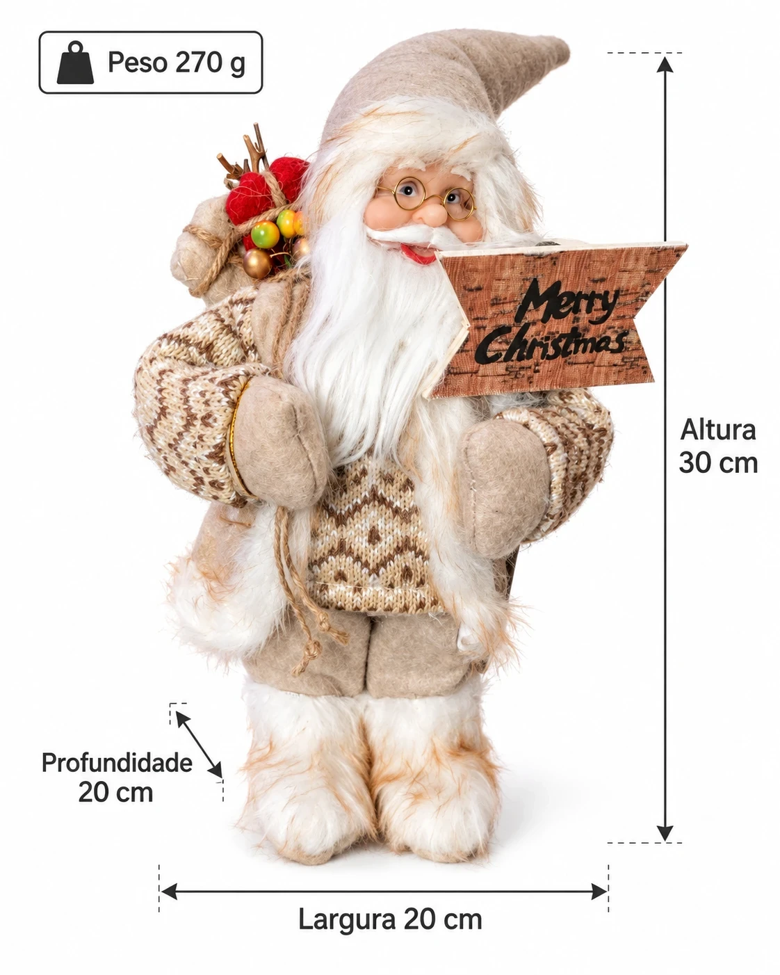 Papai Noel Natalino com Placa Merry Christmas 30 cm 6