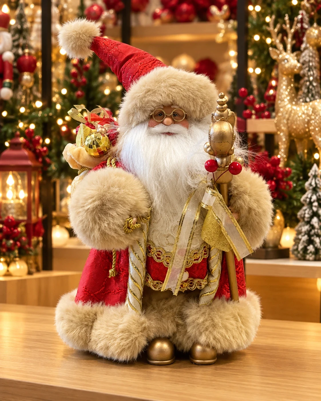 Papai Noel Natalino Vermelho e Dourado com Cajado 30 cm