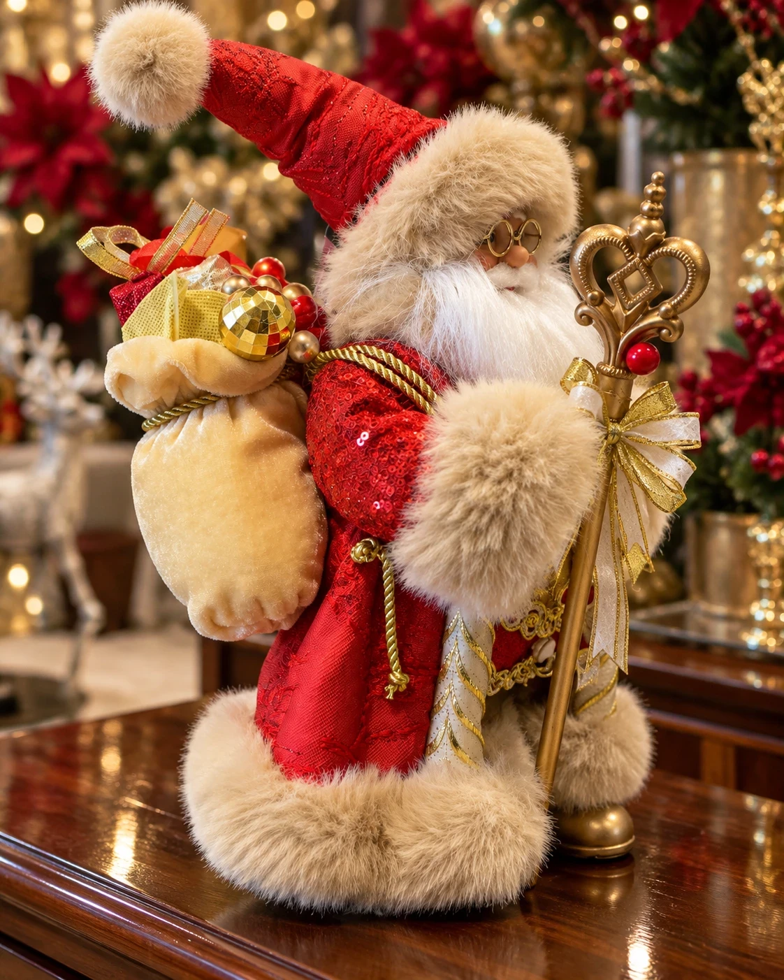 Papai Noel Natalino Vermelho e Dourado com Cajado 30 cm 2
